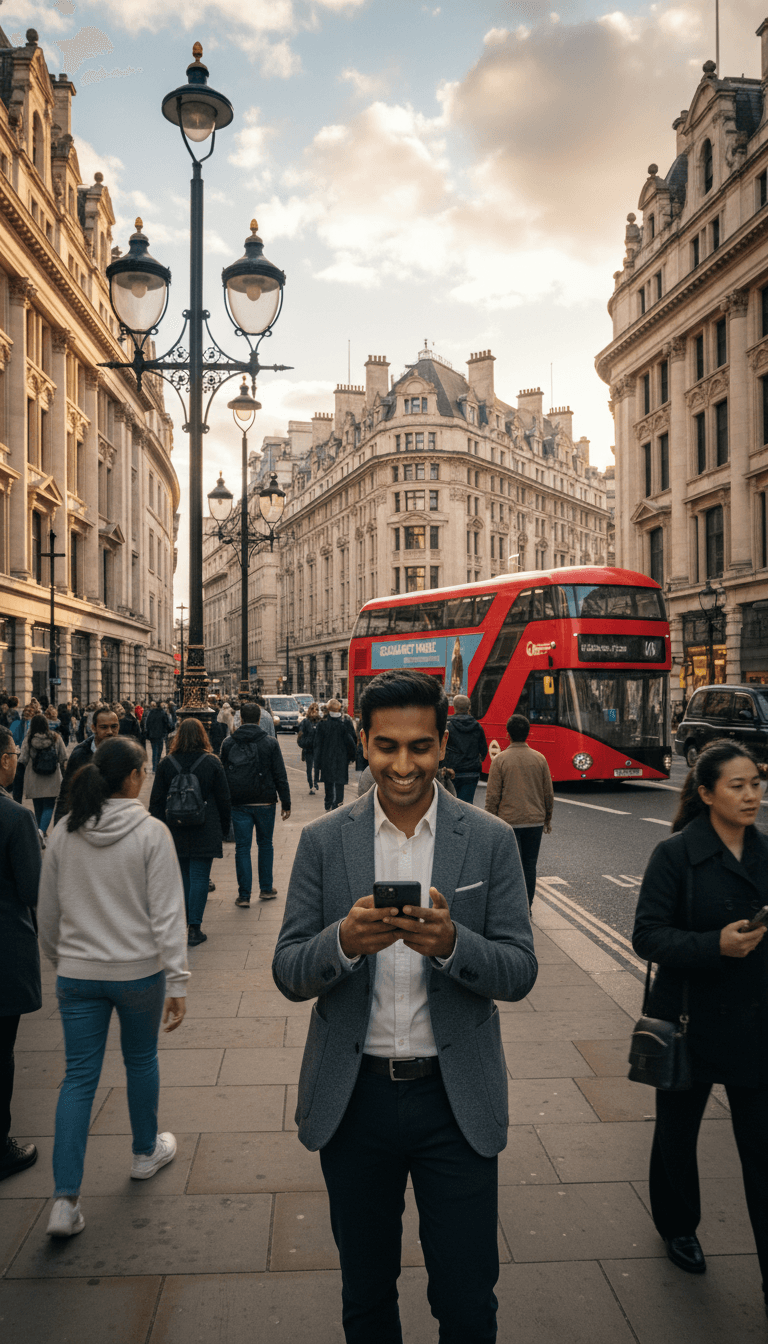 Diverse person using a smartphone on a busy London street, highlighting connectivity.
