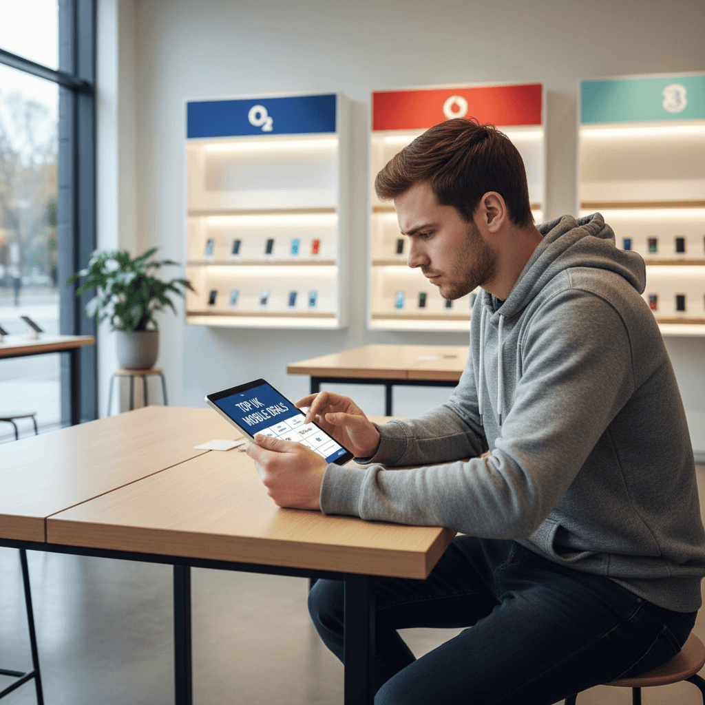 Customer reviewing mobile phone deals on a tablet in a bright retail store.