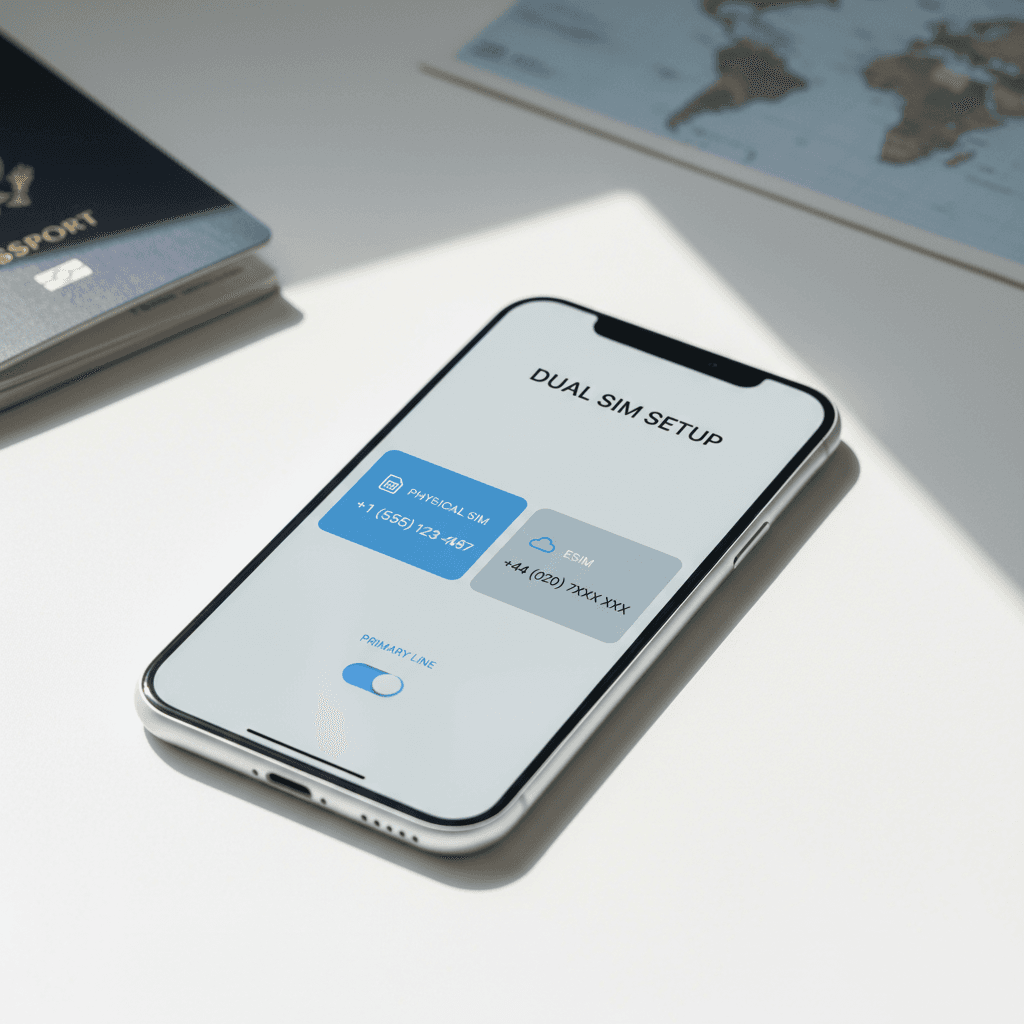 SIM card and mobile phone showing active connection